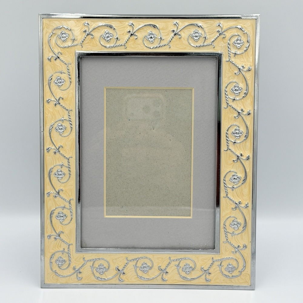 Silver Tone Yellow Enamel Floral Scroll Picture Frame 3x5 5x7 Ornate Cottage